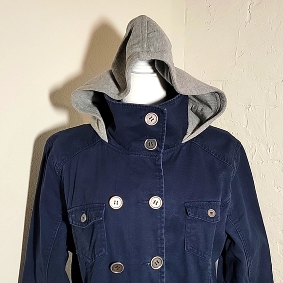 Hurley Winchester Woven Jacket Coat Hoodie Hooded Zip-Up Button Navy Blue Gray L - Picture 2 of 16